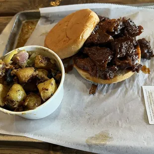 Brisket Burnt Ends Sandwich w/ grilled potato salad