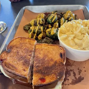 Bog Hog sandwich, Smoked Mac &amp; Cheese, Fried Brussels Sprouts (with Smoked Makers Mark on the rocks)