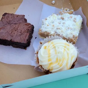 Brownie, coffee cake, and apple Carmel cupcake