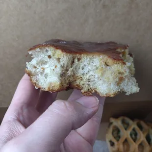 Apple fritter. Notice the difference in color between the moist and dry sections.