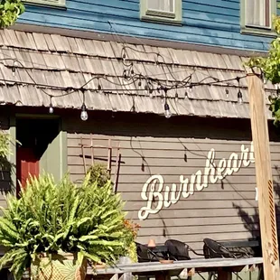 a bench and a building