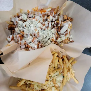 Blue cheese Buffalo fries and garlic fries are off the hook