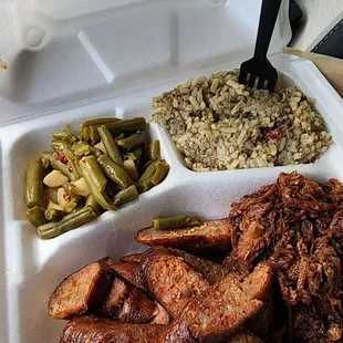 2 meat dinner with homemade links, chopped beef, dirty rice, and green beans.