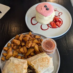 Carne asada burrito &amp; strawberry souffle pancakes