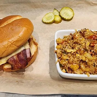 $10.95 porkinator sandwich with pineapple fried rice. October 2024