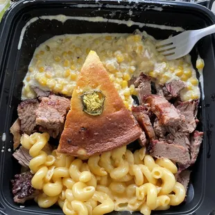 Creamy corn, Burnt Ends, Brisket, "Jalapeño" cornbread, mac n cheese