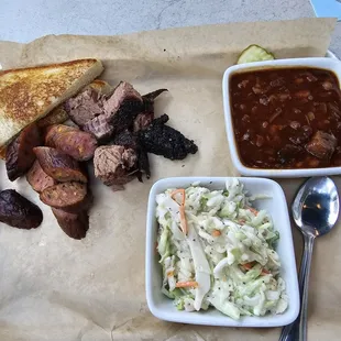 Burnt Ends &amp; Sausage with Beans &amp; Cole Slaw as sides