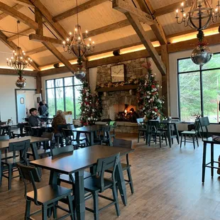 a dining room with a fireplace