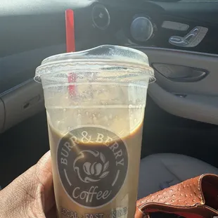 Iced cheesecake latte with cherry cold foam made with oatmilk