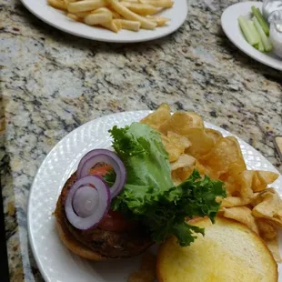 Closest: veggie burger with chips Further: buckeye burger with fries