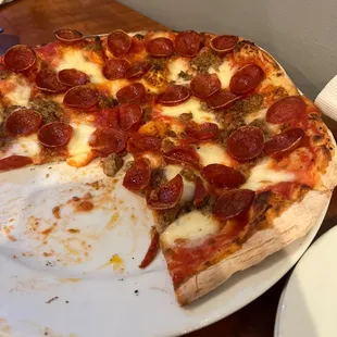 Pepperoni sausage wood oven baked pizza, delicious.