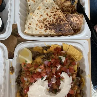 nachos, quesadillas, and salsa
