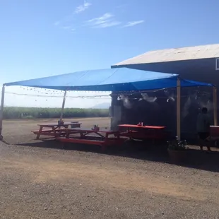 Outdoor seating with misting system.