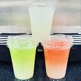 Lemonade with included  shot of fruit puree if you like.  Original, strawberry and cucumber
pictured.