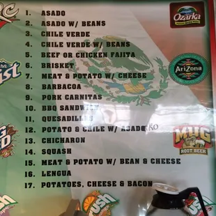 a menu for burritos