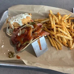 Fried Chicken BLT Taco, Dog of Independence, and blackened season fries