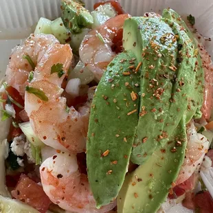 Tostada. Shrimp and ceviche with a ton of avocado. Delicious!