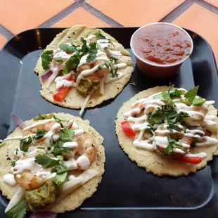 Chili lime shrimp tacos!  Order with medium salsa for a bite!!