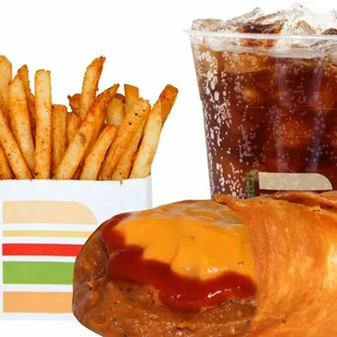 Chimichanga combo with picante seasoned french fries and choice of soda, lemonade or dairy-free milkshake.