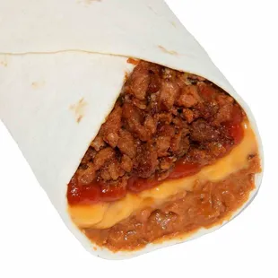 Beefy protein burrito with our homemade spicy cheese sauce, special red sauce and Patch seasoned refried beans.