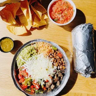 Chips &amp; Salsa; Half + Half Steak &amp; Roasted Veg Burrito Bowl; Half + Half Roasted Pork and Roasted Veg Burrito (both regular size)