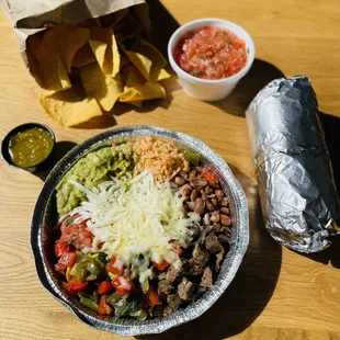 Chips and Salsa; Steak &amp; Veg Burrito bowl; Roasted Pork &amp; Roasted Veg Burrito