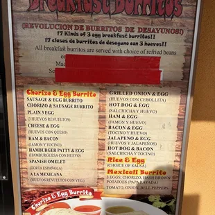 menu for breakfast burritos