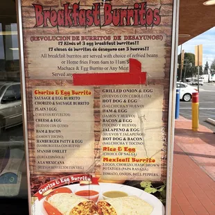 a menu for breakfast burritos