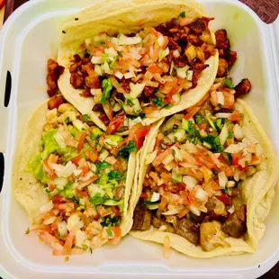 carnitas, adobada, chicken tacos