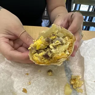 Steak and eggs burrito, had to cut in half!