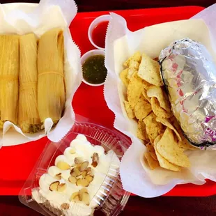 Chicken Tamales (Amazingggg!), Burrito, and Tres Leches Cake