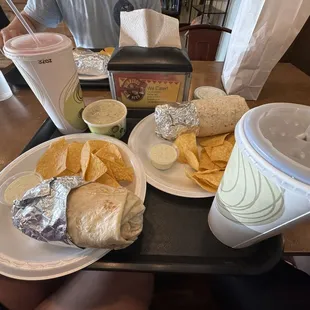 Steak and potato burrito, Double chicken burrito, jalapeno ranch, jalapeño queso, Coke, Hi-C fruit punch