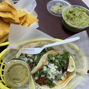 Chorizo tacos, chips and guac