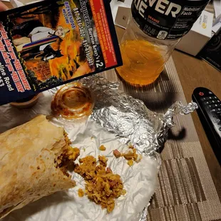 Breakfast burrito with egg shell