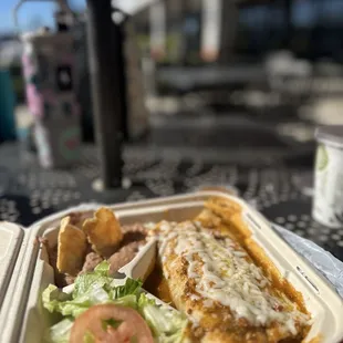 PLATILLO ESPECIAL 2 Burritos de Birria covered w/ Salsa Especial/Green Chile Pork Sauce &amp; Cheese - Refried Beans, Lettuce, &amp; Tomato