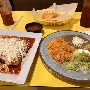 Carne asada enchiladas with red sauce