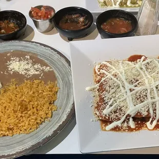 Beef Enchiladas w/Red Sauce, Beans, Rice, Salad