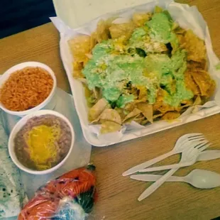 Chips w/ Cheese &amp; Guacamole, Rancho Burrito, side order of: Rice, beans and carrots.