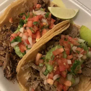 Carnitas and carne Asada tacos