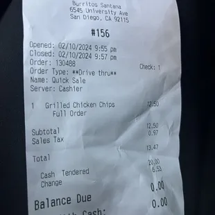 Receipt of  ordered chicken nachos for my husband I didn&apos;t even want to get more food since guy was so rude!