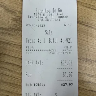 Receipt for 3 breakfast burritos   28$ Total