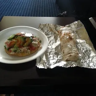 Tostada Civeche and Tinga Burrito