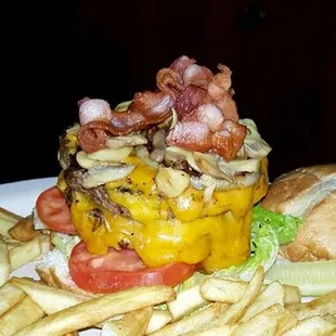 Burton burger.  $5 Build your own every Monday.  Comes with fries too!