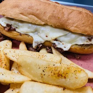 Philly Cheesesteak with steak fries - also amazing with chicken!!