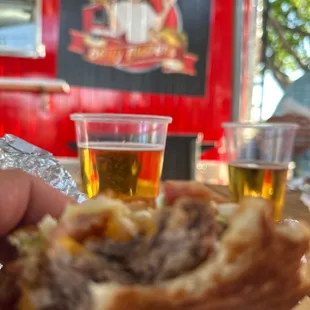 Bacon cheese burger and beer