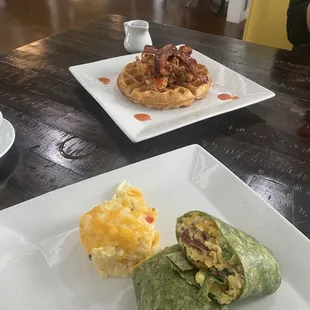 Chicken &amp; waffles  Breakfast burrito with side of hash browns