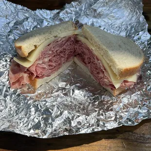 Corned beef in rye with Swiss cheese!