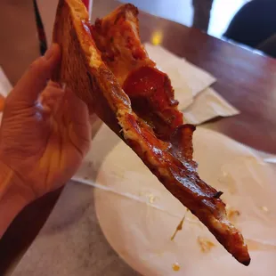 a hand holding a piece of pizza