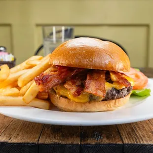 a burger and fries on a plate