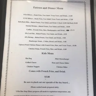 the menu for the restaurant
